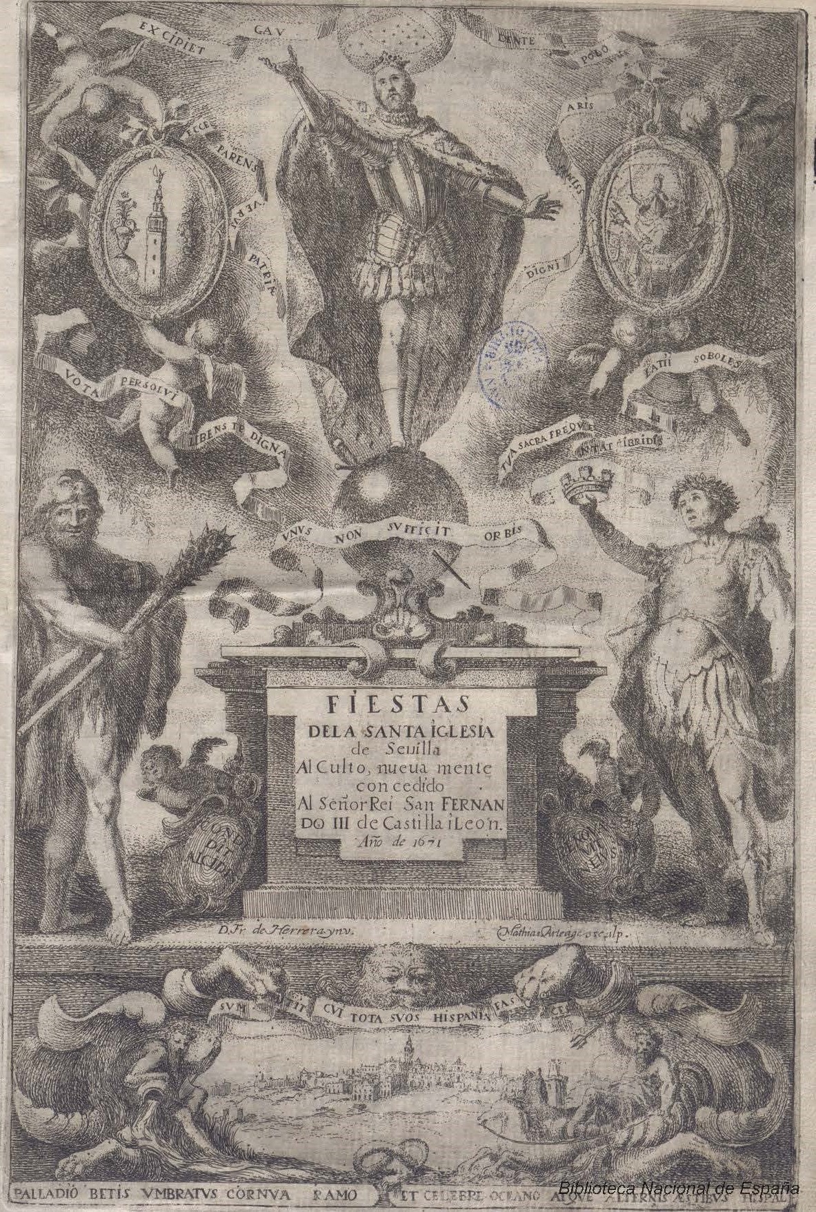 Frontispicio de Fiestas… al nuevo culto del Señor Rey S. Fernando. F. de la Torre Farfán
